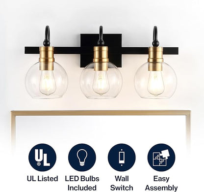 JONATHAN Y 21.5" Black/Brass Gold Vintage Wall Sconce, LED Vanity Light for Bathroom Bedroom Entryway, Clear Glass Globe Shade, Modern Industrial Arched Lamp, LED Bulb Included (JYL3528A)