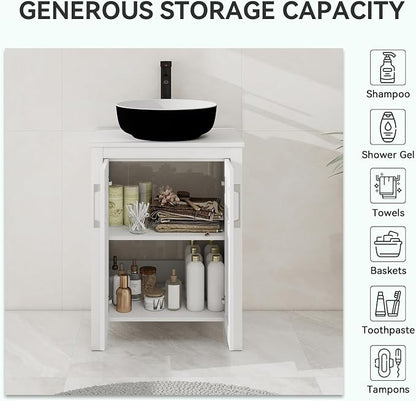 YOURLITE Bathroom Vanity with Sink, 24" White Bathroom Vanity Sink Combo with Black White Ceramic Basin Faucet & Pop Up Drain Set