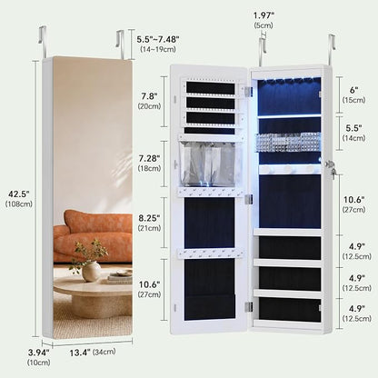 HNEBC Jewelry Cabinet with Lights,Wall Mounted Jewelry Organizer with Full-Length Mirror,Over The Door Hanging Jewelry Armoire Storage Cabinet,Lockable,Gift Idea,White