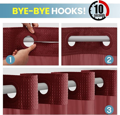 SORTTO No Hook Shower Curtain with Snap in Liner Set Waffle Shower Curtain for Bathroom Hotel Style Fabric Waterproof Inner Liner，71" W x 74" H, Burgundy