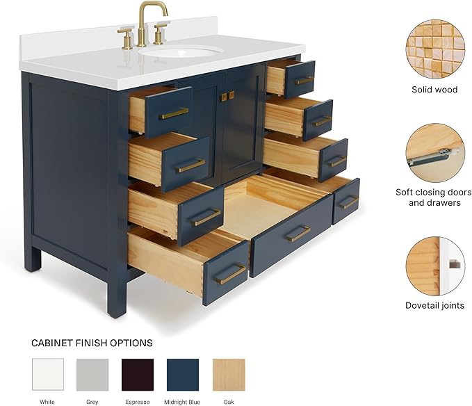 ARIEL Cambridge 48-inch Bathroom Vanity with Sink,Solid Wood, 1.5-inch Pure White Quartz Countertop & Backsplash, Single Oval Porcelain Sink, 2 Soft Closing Doors, 9 Dovetail Drawers, Midnight Blue