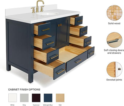ARIEL Cambridge 48-inch Bathroom Vanity with Sink,Solid Wood, 1.5-inch Pure White Quartz Countertop & Backsplash, Single Oval Porcelain Sink, 2 Soft Closing Doors, 9 Dovetail Drawers, Midnight Blue