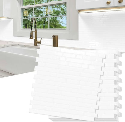 10 Sheets Thick Peel and Stick Kitchen Backsplash Tiles | 3D Waterproof Self Adhesive Wall Tile Stick on Backsplash for Kitchen,Bathroom and Fireplace(White,12"×12")