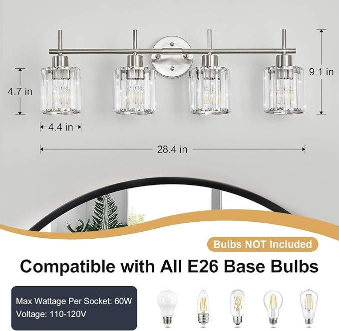Brushed Nickel Bathroom Light Fixtures, Round, 4-Light | Vanity Lights with Crystal Shades, Modern Bathroom Lighting Fixtures over Mirror (Bulbs Not Included, E26)