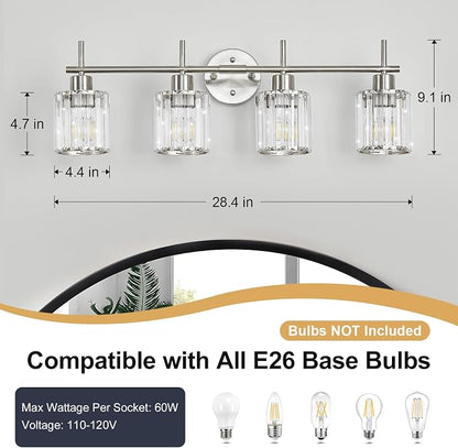 Brushed Nickel Bathroom Light Fixtures, Round, 4-Light | Vanity Lights with Crystal Shades, Modern Bathroom Lighting Fixtures over Mirror (Bulbs Not Included, E26)