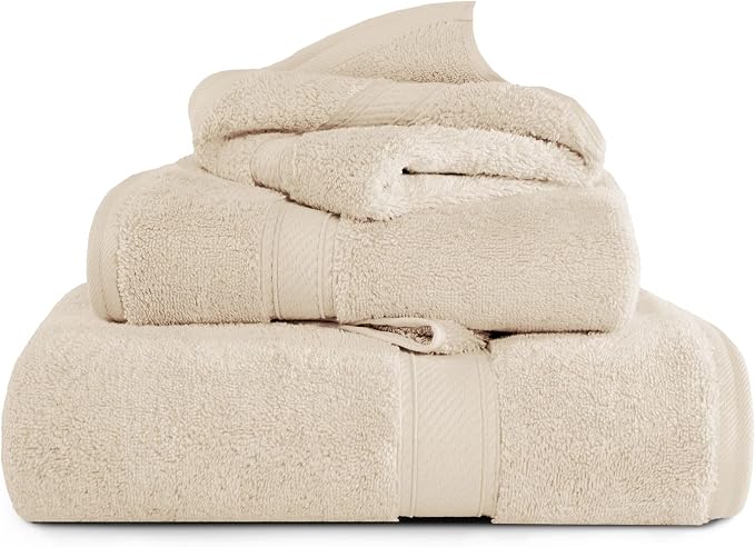 SUPERIOR Egyptian Cotton Ultra Plush & Absorbent, 3 Piece Set, Cream | Quick Dry, Soft Luxury Towel Set, Bath Essentials, Guest Bath, Spa, 1 Bath, 1 Hand, 1 Face Towels, Madeline Towels