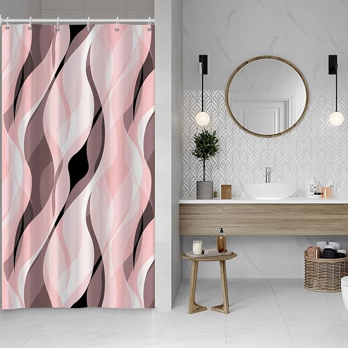 Pink Shower Curtain, Modern Abstract Pink and Grey Striped Shower Curtain Set for Bathroom Waterproof Shower Curtain with Hooks, 48x72 Inch