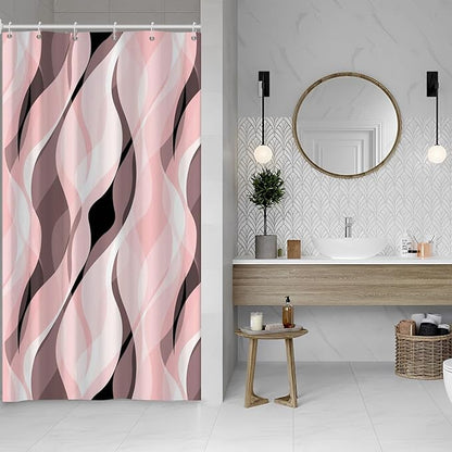 Pink Shower Curtain, Modern Abstract Pink and Grey Striped Shower Curtain Set for Bathroom Waterproof Shower Curtain with Hooks, 48x72 Inch