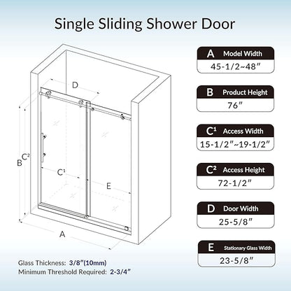 Woodbridge Frameless Single Sliding Shower Doors in Brushed Nickel Finish, 45.5-48" Width x 76" Height with 3/8"(10mm) Clear Tempered Glass, Soft Close System and Explosion-Proof Film, BSDC4876-B