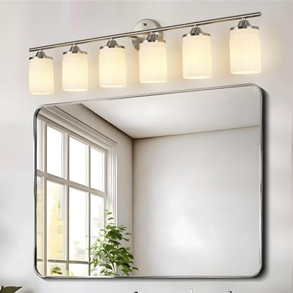 Jonsi Nickel Bathroom Light Fixtures 6-Light Vanity Lights Modern Wall Sconce with Milk White Shade Brushed Nickel Bathroom Light Fixture Over Mirror for Bedroom Hallway Kitchen