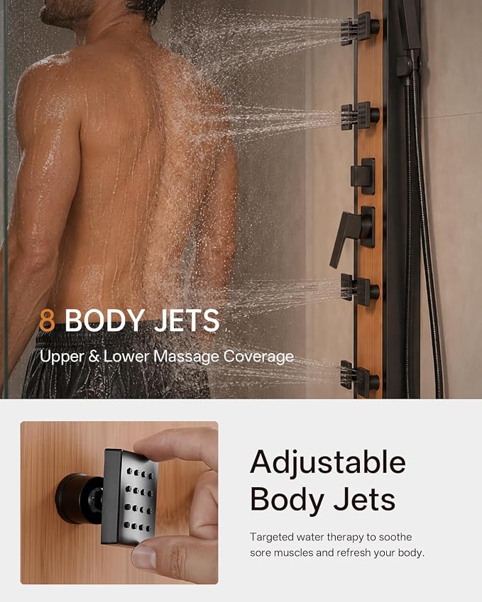 BWE Stainless Steel Shower Panel Tower System Black and Bamboo 8 Jets | Multi-Function Shower Panel System with Handheld Wand Wall Mount Shower Column Rainfall Shower Head Sprayer