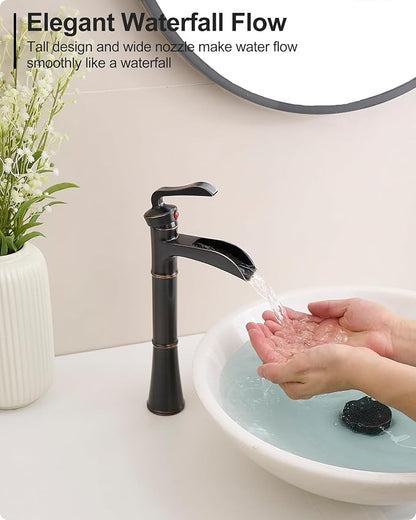 Tall Vessel Sink Faucet, Oil Rubbed Bronze Bathroom Faucet Waterfall Bathroom Faucets One Hole, Brass Bathroom Sink Faucet Single Handle with Pop-Up Drain & Water Hoses, 5 Mins Install