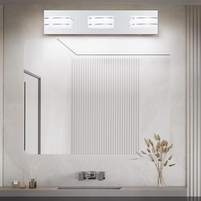 GOODATE 3 Color Temperature Dimmable Bathroom Light Fixtures Over Mirror, LED Chrome 3 Light Vanity Lighting Fixtures, Acrylic Stainless Steel Oval Shade Vanity Lights for Bathroom, ETL Certificated
