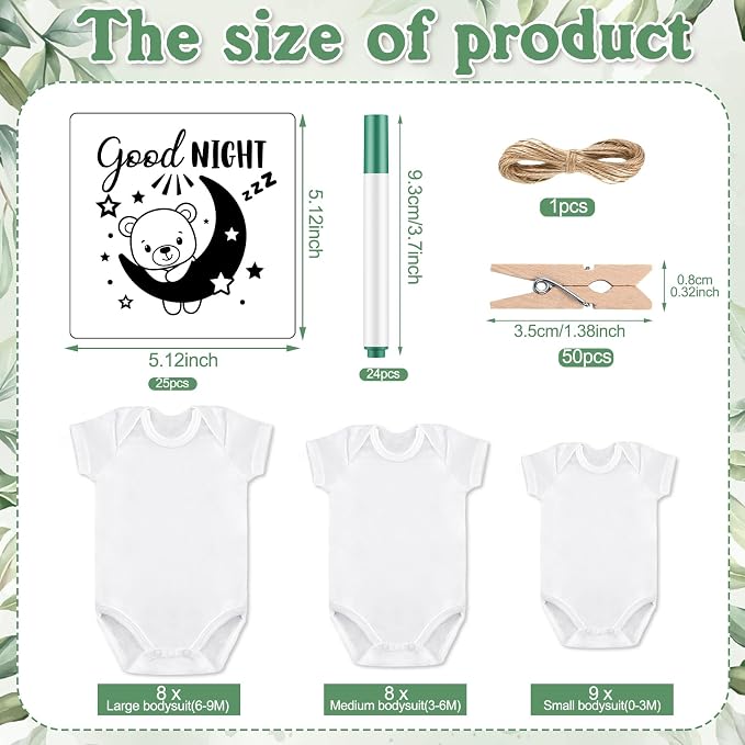 Panitay 126 Pcs Baby Shower DIY Bodysuit Set Bib 25 Blank White Newborn Bodysuit 25 Stencils 24 Marker 1 Sign 50 Pins(Greenery)