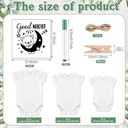 Panitay 126 Pcs Baby Shower DIY Bodysuit Set Bib 25 Blank White Newborn Bodysuit 25 Stencils 24 Marker 1 Sign 50 Pins(Greenery)
