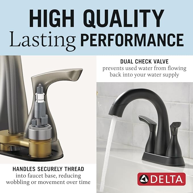 Delta Broadmoor Centerset Matte Black Bathroom Faucet with Sprayer, 4 Inch 3 Hole Bathroom Sink Faucet with Pull Out Sprayer, Push-Pop Drain, Matte Black 25765LF-BLPD