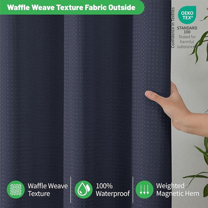 eachope No Hook Waffle Shower Curtain, No Liner Needed,71x74 Inch,Navy Blue | 100% waterproof TPU-laminated backing, magnetic weighted hem, machine washable, shower curtain set for bathroom or hotel use