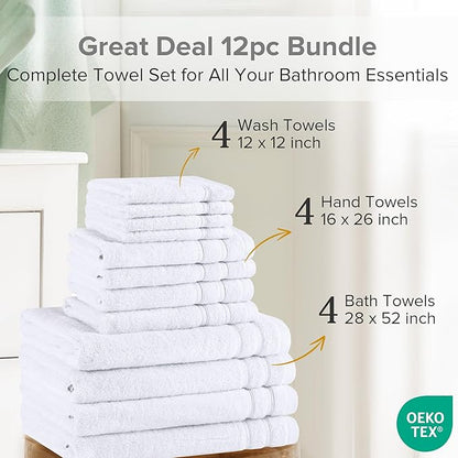 Comfort Spaces Towel Set for Bathroom 12 Piece Luxury Bath Towel Set 4 Hand Towel for Bathroom 4 Washcloth 4 Large Bath White Towel Sets 100% Cotton Quick Dry Towel Zero Twist Soft Lightweight Hotel