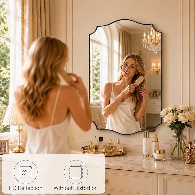 Black Vanity Wall Mirror 30"x22", Scalloped Edge Bathroom Mirror | Rust-Proof Metal Frame, Hangs Vertically/Horizontally, Decorative Bathroom Mirror, For Vanity, Bedroom & Entryway