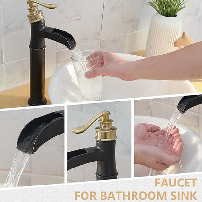 Bathroom Vessel Sink Faucet Waterfall Single Handle Single Hole | Black and Gold,Brass,Pop Up Drain without Overflow,Supply Line,Easy to Clean,Easy Installation,Rust Resistant,Minimalist
