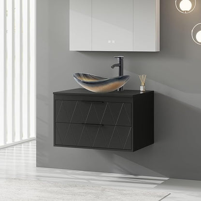 eclife 30" Floating Bathroom Vanities with Sink Combo, Wall Mounted Modern Cabinet W/Diamond Line Pattern Design, Champagne Boat Glass Vessel Sink W/Water Save Faucet & Pop Up Drain, Black