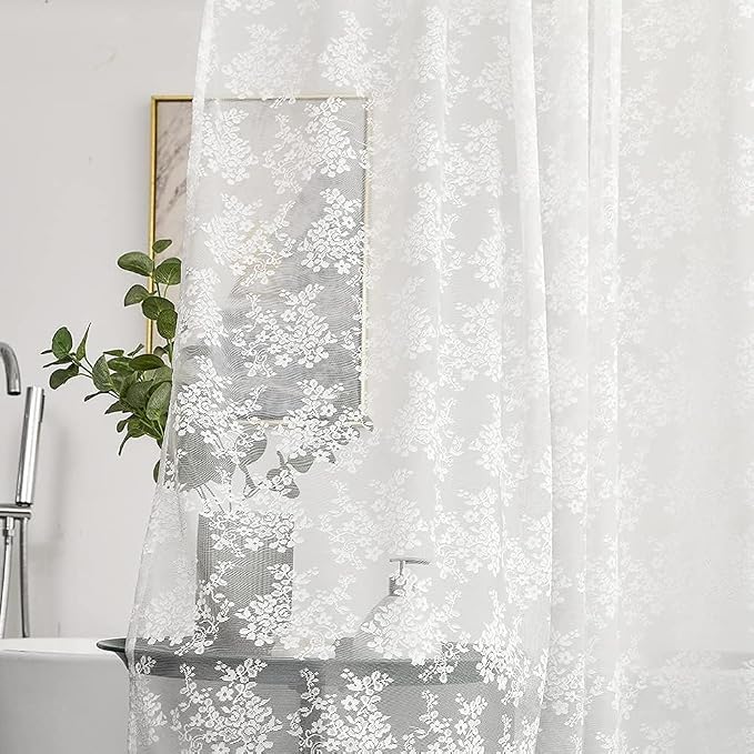 White Lace Stall Shower Curtain 36x72, Vintage with Attached Valance | Standing Shower Curtain with Floral Lace and Scalloped, Filters Soft Light for Victorian stalls, RVs and Small Bathrooms