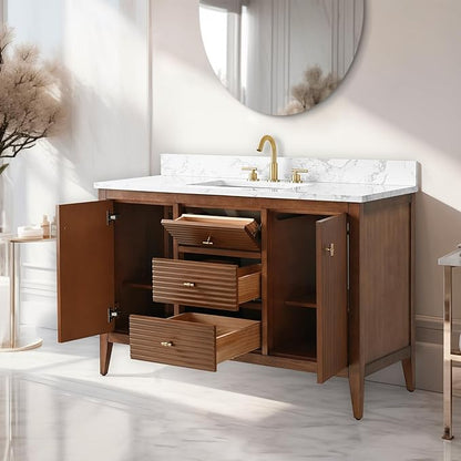 Vanity Art 48 inch Walnut Bathroom Vanity with Single Sink & Ceramic Top, Vanity Cabinet with Soft-Closing Door, Solid Wood Frame, Linear Pattern, Walnut, VA9148-Walnut-MB,Matte Black Handles