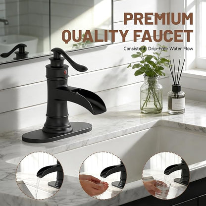 Waterfall Bathroom Sink Faucet Black Bathroom Faucet 1 Hole | Single Handle,with Pop Up Drain Stopper Vanity Water Supply Hose,Lead-Free Solid Brass,Farmhouse Faucet Deck Mount