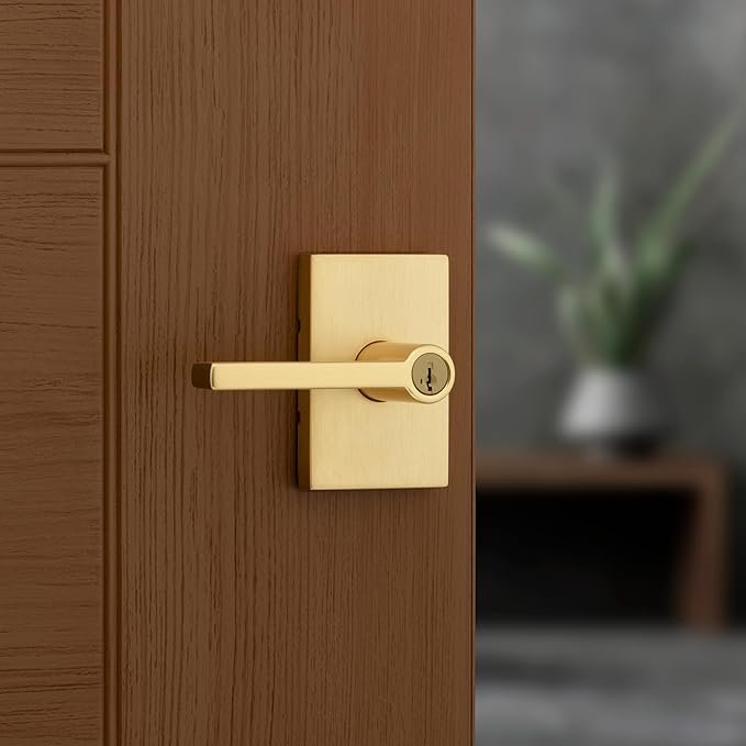 Kwikset Halifax Entry Door Handle with Lock and Key, Secure Keyed Reversible Lever Exterior, Rectangle Front Entrance and Bedrooms, Satin Brass, Pick Resistant Smartkey Rekey Security and Microban