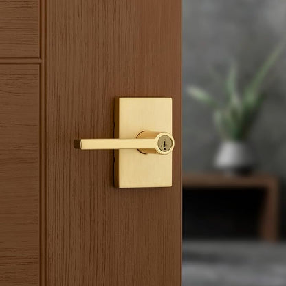 Kwikset Halifax Entry Door Handle with Lock and Key, Secure Keyed Reversible Lever Exterior, Rectangle Front Entrance and Bedrooms, Satin Brass, Pick Resistant Smartkey Rekey Security and Microban