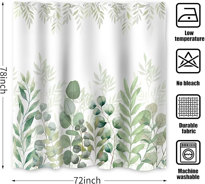 Green Eucalyptus Extra Long Shower Curtain, Leaf Plant Herbs Spring Nature Waterproof Fabric Machine Washable with Hooks for Bathroom Bathtub 72Wx78H