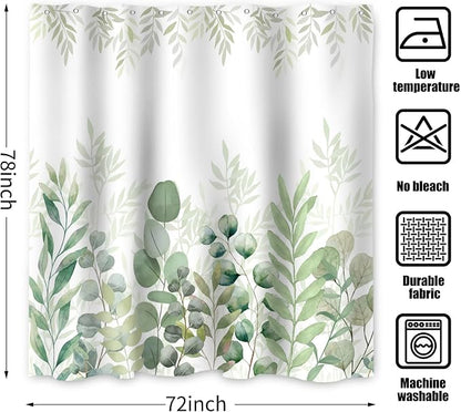 Green Eucalyptus Extra Long Shower Curtain, Leaf Plant Herbs Spring Nature Waterproof Fabric Machine Washable with Hooks for Bathroom Bathtub 72Wx78H