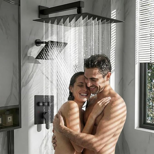 Shower Faucet Set Matte Black Shower System,STARBATH Push Button Diverter Shower Set with 2 in 1 Handheld,Can Use All at Once, 12 Inch Rainfall Shower and 6 Inch Wall Mount Shower Head