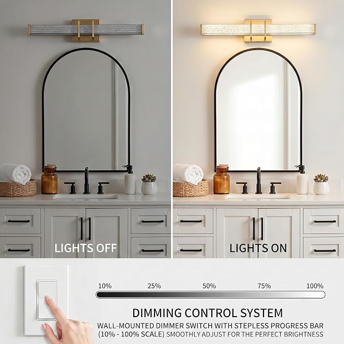 URSOLA 24" Modern LED Bathroom Light Fixtures, Golden 3CCT Dimmable Bathroom Vanity Light Over Mirror, Bathroom Vanity Bath Bar Lights with Crystal Acrylic Shade