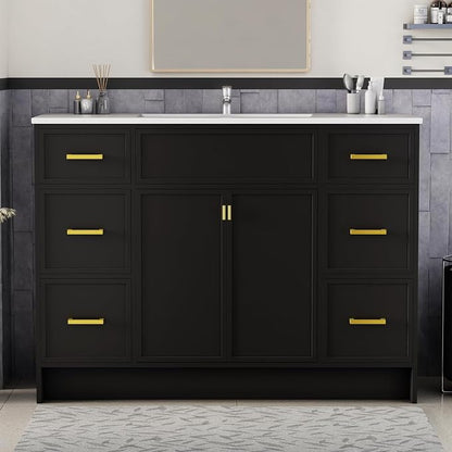 48 Inch Freestanding Bathroom Vanity with Sink, Shaker Style Black Double Sink Cabinet with 6 Drawers & Double Doors, Waterproof Lacquer Finish, Large Storage for Master Bathroom & Family Home