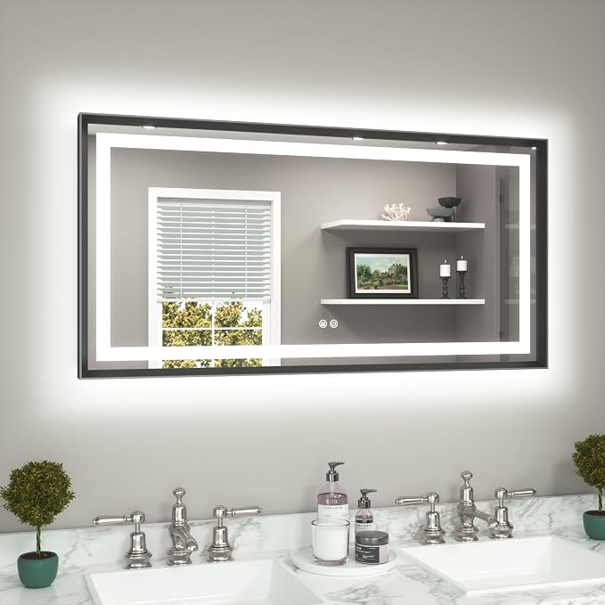 48 x 24 Bathroom LED Mirror Brushed Black Metal Frame Frontlit & Backlit Vanity Mirror Stepless Dimmable Anti-Fog 3 Colors White/Warm/Natural Light up Vanity Mirror Wall-Mounted