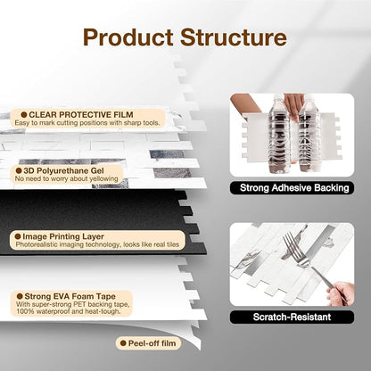 Peel and Stick Backsplash Tile Waterproof Removable PVC Wall Sticker 3D Faux Stone Marble Brick White Accent Panels (Rough White Marble - Metal Silver, 40 Tiles - 18 sq. ft. (1.68 m²))