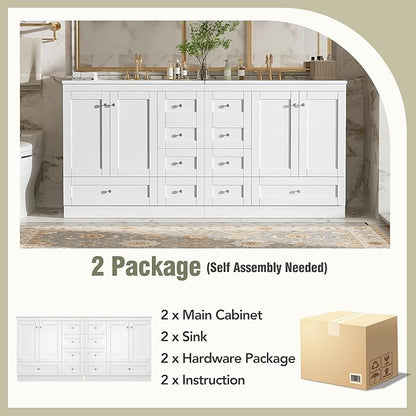 Harper & Bright Designs 72" Bathroom Vanity Set with Double Sink, Vanity Cabinet with 4 Cabinet Doors and 8 Drawers, Modern Design Solid Wood Bathroom Cabinet with Ceramic Basin for Bathroom, White