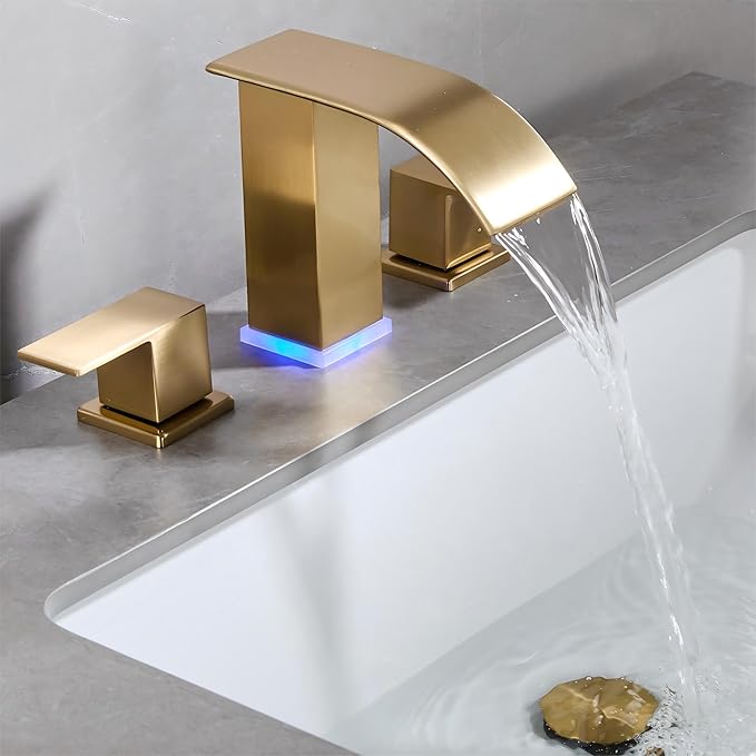 Brushed Gold Waterfall Bathroom Faucet 8 inch Widespread Vanity faucets Modern Faucet 3 Hole 2 Handle Gold Sink Faucet for Bathroom with LED(Brushed Gold)