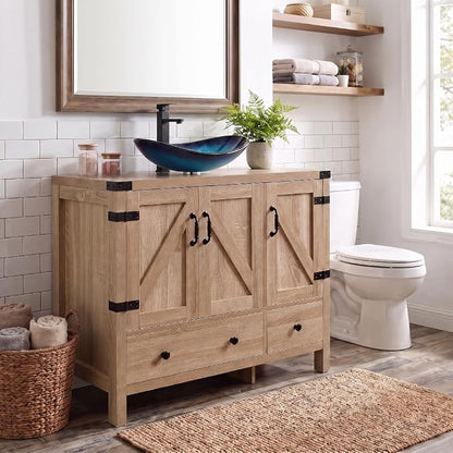 36" Natural Color Bathroom Vanity, Rustic Fixture Standing Pedestal Cabinet with Blue Boat Vessel Sink