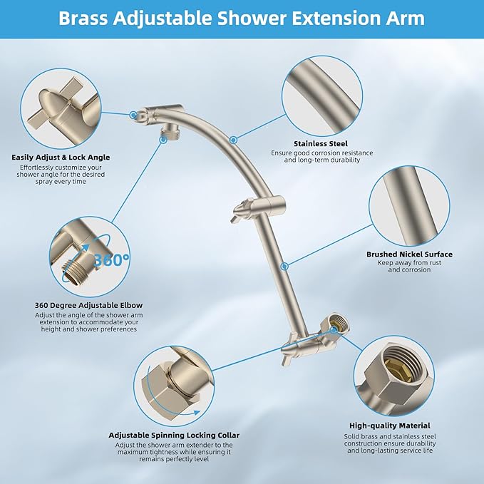 Hibbent All Metal 8'' Rain Shower Head, 16'' Extension Arm, Brushed Nickel | cUPC Certified High Pressure Rainfall Showerhead with Solid Brass Adjustable Shower Head Extension Arm, Fixed Showerheads