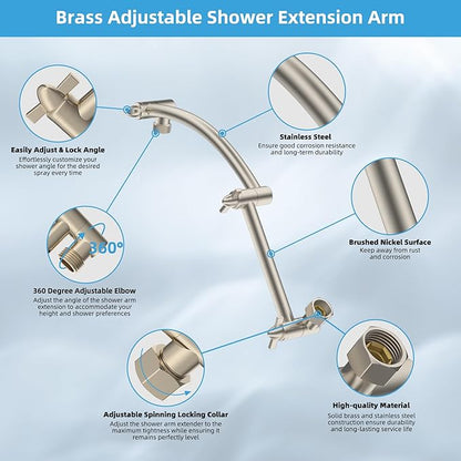 Hibbent All Metal 8'' Rain Shower Head, 16'' Extension Arm, Brushed Nickel | cUPC Certified High Pressure Rainfall Showerhead with Solid Brass Adjustable Shower Head Extension Arm, Fixed Showerheads