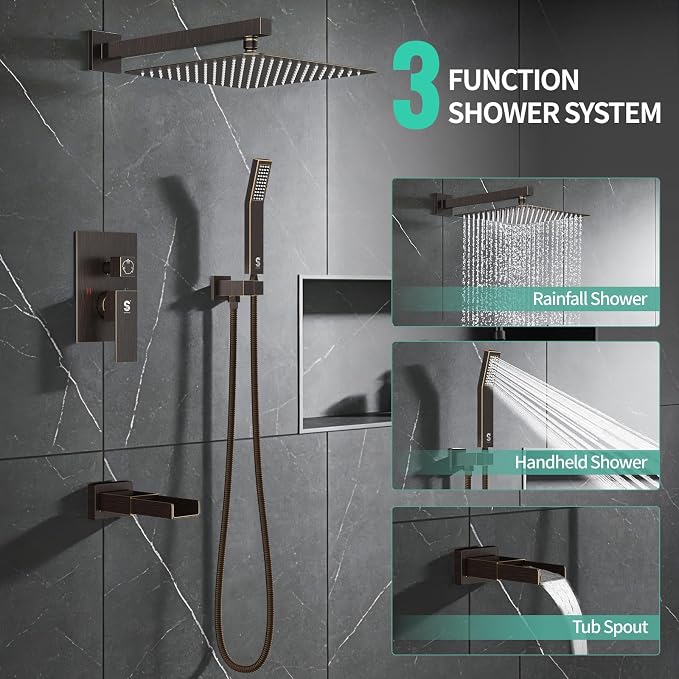 SR SUN RISE 12 Inch All Metal Square Shower System with Tub Spout, Tub Shower Faucet Set, High Pressure Rain Shower Head and Handheld Sprayer Shower Fixtues, Valve Included, Oil-Rubbed Bronze