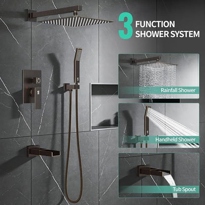 SR SUN RISE 12 Inch All Metal Square Shower System with Tub Spout, Tub Shower Faucet Set, High Pressure Rain Shower Head and Handheld Sprayer Shower Fixtues, Valve Included, Oil-Rubbed Bronze