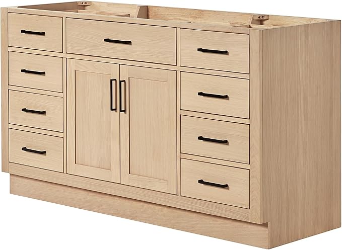 ARIEL Hepburn 60-inch Bathroom Vanity Base Cabinet,Solid Wood, 2 Soft Closing Doors, 9 Dovetail Drawers, White Oak