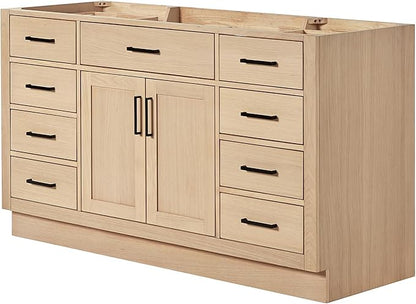 ARIEL Hepburn 60-inch Bathroom Vanity Base Cabinet,Solid Wood, 2 Soft Closing Doors, 9 Dovetail Drawers, White Oak