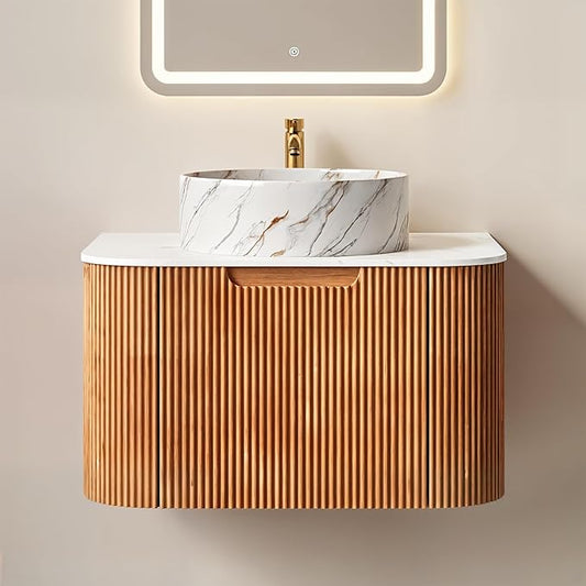 Yayzy 24" Floating Bathroom Vanity with Sink, Solid Wood Fluted Cabinet, White Marble-Patterned Ceramic Basin & Faux Marble Top, Soft-Close Drawer, Pre-Assembled, Natural Woodgrain