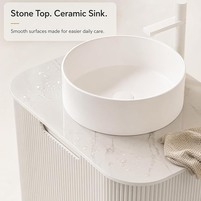 24 Inch Bathroom Vanity with Sink, Floating Wall Mounted Single Sink Vanity for Small Baths, White Curved Fluted Front, Stone Top, Pure White Round Vessel Basin, Pre-Assembled