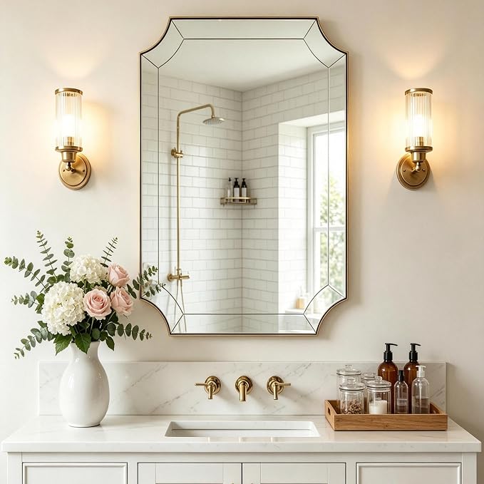24x36 Scalloped Mirror, Gold Rectangle Wall Mirror with Scallop Corner, Non-Rusting Vanity Mirror with Curved Cutouts Hangs Horizontal & Vertical
