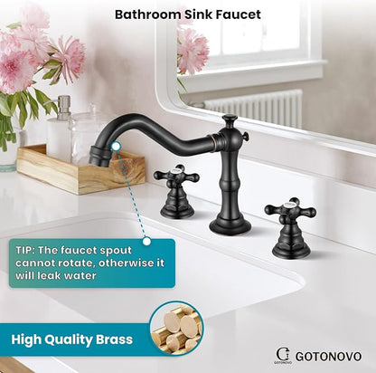 gotonovo Bathroom Faucet 3 Hole 8 Inch Widespread Bathroom Sink Faucet 2 Cross Handles Vintage Lavatory Vanity Mixer Tap with Pop Up Drain, HOT Cold Label, Oil-Rubbed Bronze